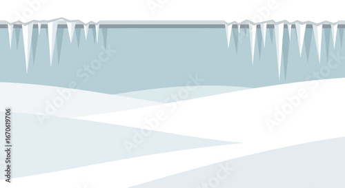Winter Scenery With Icicles Hanging And Snow Covered Hills Panorama Landscape