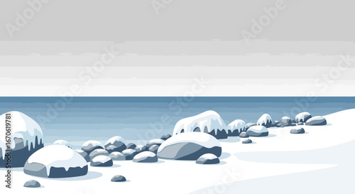 Winter Seascape With Snow Capped Rocks On A Grey Cloudy Day