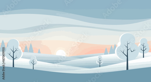 Winter Solstice Landscape With Snowy Trees, Soft Pastel Colors, Flat Design