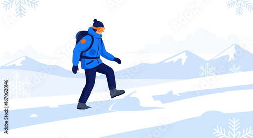 Winter Trekking Adventure Flat Illustration Of Man Hiking In Snowy Mountain