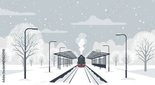Winter Train Station Landscape With Snowfall Creates A Peaceful Holiday Atmosphere