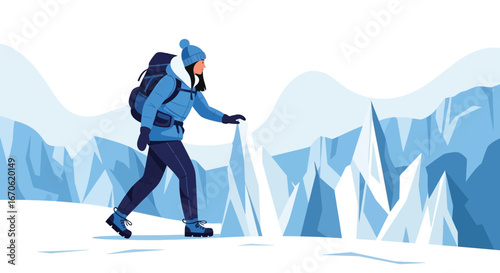 Winter Trekking Adventure Woman Hiking Through Snow Landscape with Backpack