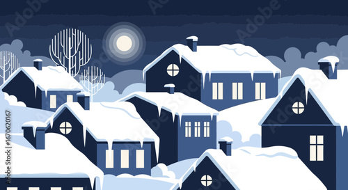 Winter Village Under Nightly Sky Scene With Snow Capped Houses and Trees