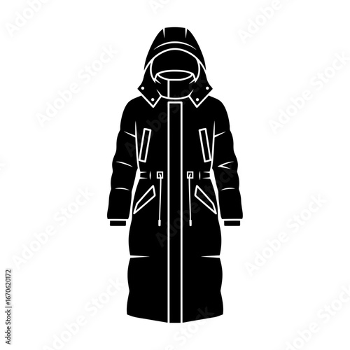 Winter male clothing icons vector art of long black puffer coat with hood for cold weather vector