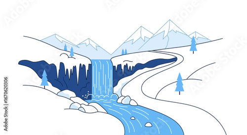Winter Wonderland Landscape With Waterfall And Mountains In Minimalist Style