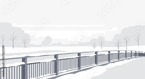 Winter's Quiet Pathway Through Snowy Park Scene Minimalist Illustration
