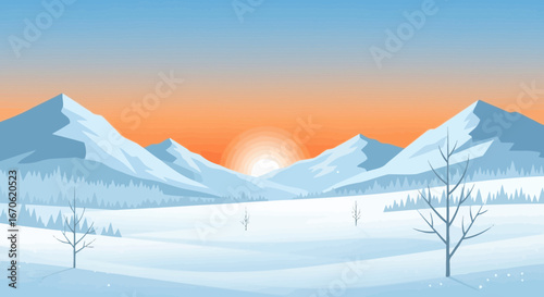 Wintery Scene Of Mountains At Sunset With Snow Covered Valley