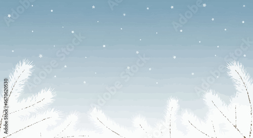 Wintery Scenery With Snowfall And Pine Tree Branches Silhouette In White