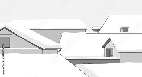 Wintery Village Rooftops Covered In Snow Blanketing Structures In A Peaceful Landscape