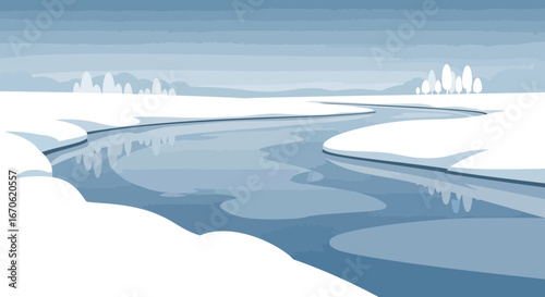 Wintry River Landscape With Snow Covered Banks And Distant Trees