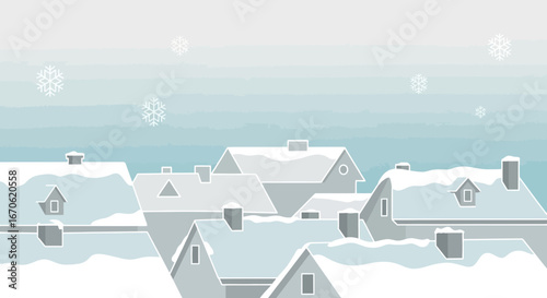Wintery Town Landscape Scene With Snow Covered Roofs And Falling Snowflakes