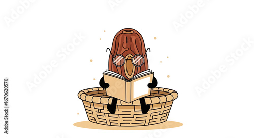 Wise Date Reading Book in A Wicker Basket, With Glasses and Funny Illustrated Design