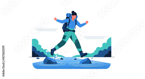 Woman Adventure Hiking Crossing Stream Flat Style Vector Illustration