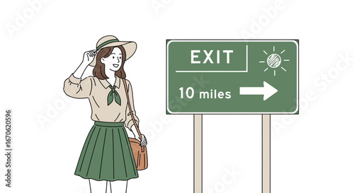 Woman Adjusting Hat near Exit Sign Preparing for Summer Road Trip