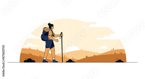 Woman Backpacking Across Hills At Sunrise Enjoying Outdoor Activity