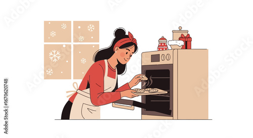 Woman Baking Cookies At Home During Winter Season Preparation Cartoonish Style
