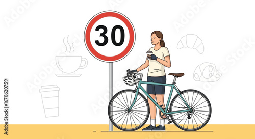 Woman Biker Enjoying Coffee Break Leaning on Bicycle Near Thirty Speed Limit Sign
