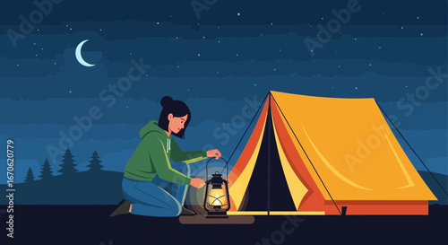 Woman camping at night with a tent and lantern under the starry sky creates a peaceful scene