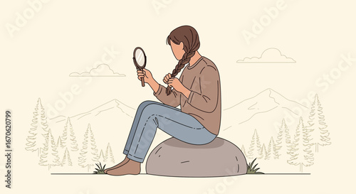 Woman Braiding Hair Outdoors A Moment of Self-Care in Nature's Embrace