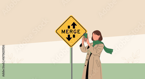 Woman Capturing Merge Signage On Roadside With Her Mobile Phone For Social Media