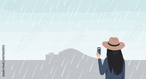 Woman Capturing Rainy Weather With Smartphone In Urban Landscape Illustration