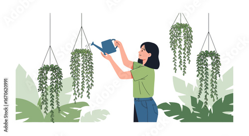 Woman Caring For Indoor Hanging Plants With Watering Can At Home