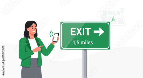 Woman Checks Navigation App Near Road Exit Information Directional Sign