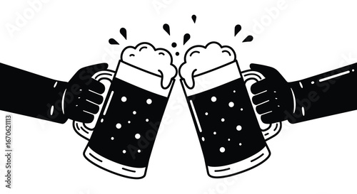 Two hands clinking beer glasses together in a toast