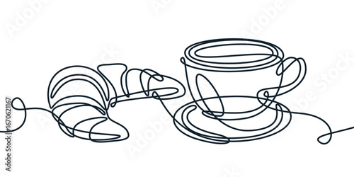 Monoline croissant and coffee. Vector continuous line illustration of breakfast. Concept for cafe menu, packaging design