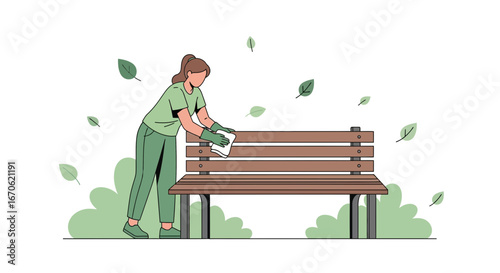 Woman Cleaning Wooden Bench Outdoors Ensuring Cleanliness And Hygiene In Public Space