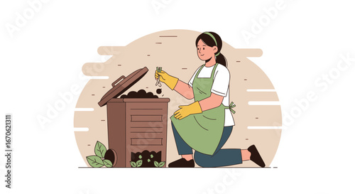 Woman Composting Food Scraps In Container For Eco Friendly Lifestyle
