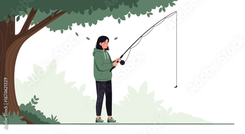 Woman Concentrating On Fishing Under The Tree By River Bank Illustration