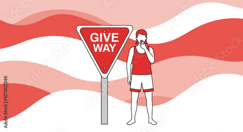 Woman Considers Strategy Near Roadside Yield Sign With Abstract Background