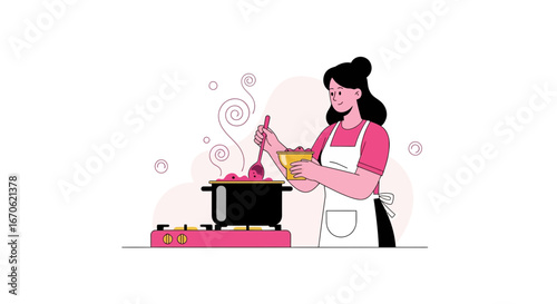 Woman Cooking In The Kitchen With Pot Illustration For Online Marketplace