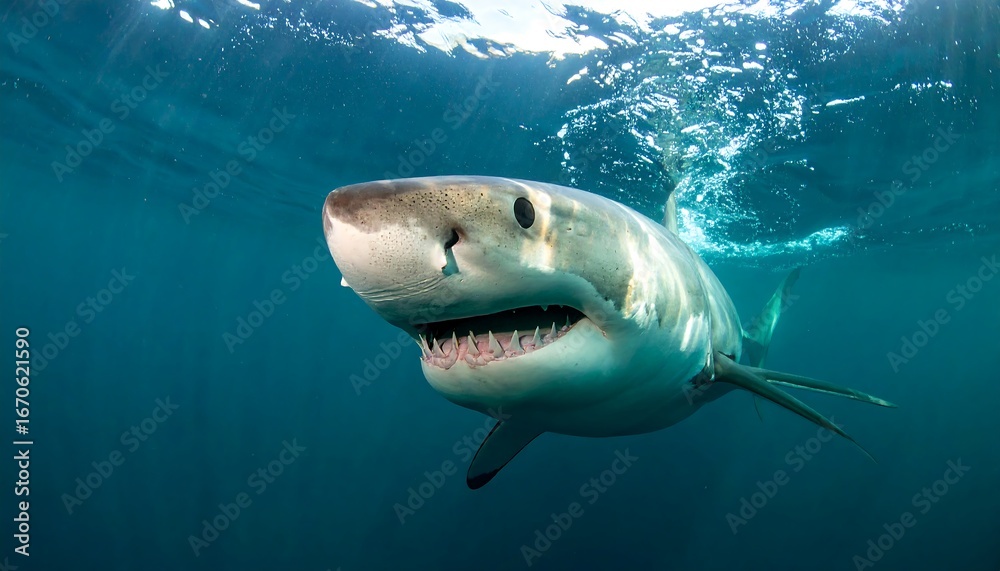 Fototapeta premium A powerful great white shark, displaying sharp teeth, dominates the deep blue ocean depths.
