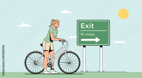 Woman Cycling Towards Exit Sign in Minimalist Outdoor Illustration Style