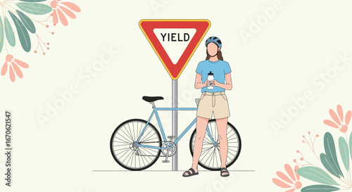 Woman Cyclist Resting By Yield Sign With Bicycle And Water Bottle