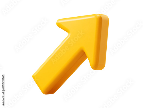 Yellow arrow pointing diagonally upward isolated on transparent background, showing progress