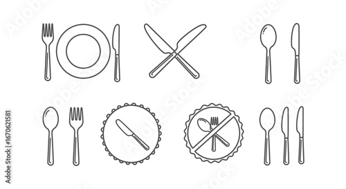 Simple line drawings of various table setting utensils and plates