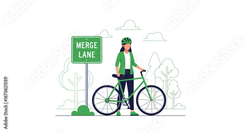 Woman Cyclist With Merge Lane Sign Beside Trees Riding Bicycle