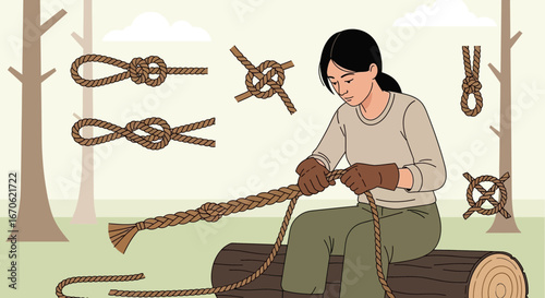 Woman Demonstrating Various Knot Tying Techniques In An Outdoor Setting