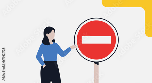 Woman Demonstrating A Red Prohibition Sign Against Rules And Regulation Concept