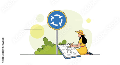 Woman Drawing Roundabout Sign In Sketchbook In Summer Travel Adventure
