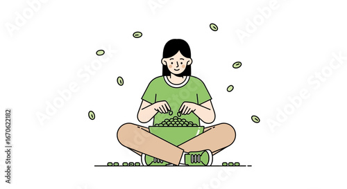 Woman Enjoying a Healthy Snack While Sitting Cross-Legged in Peaceful Relaxation