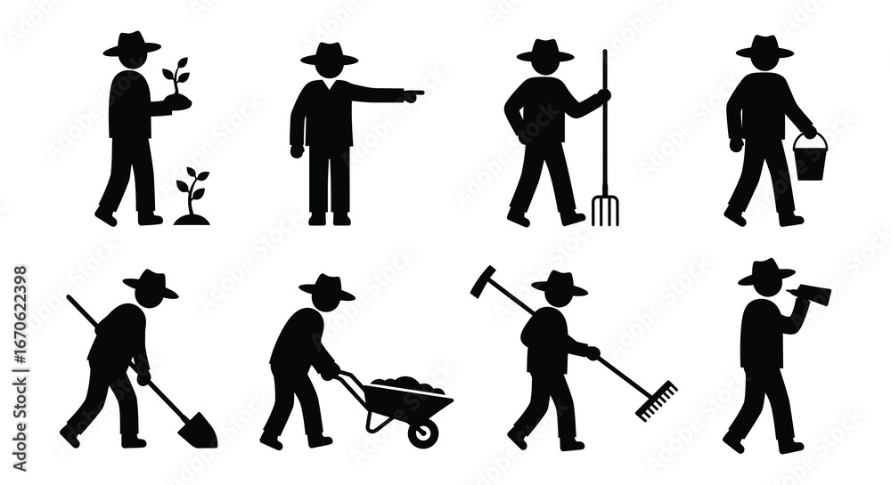 Obraz premium Silhouette of a farmer performing various gardening and farming activities