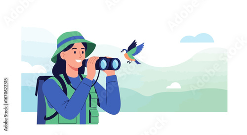 Woman Enjoying Birdwatching With Binoculars In Nature On A Sunny Day