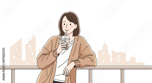 Woman Enjoying Boba Tea Overlooking Cityscape Cartoon Illustration