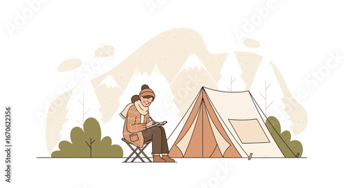 Woman Enjoying Camping and Nature Writing Memories in the Wilderness Landscape