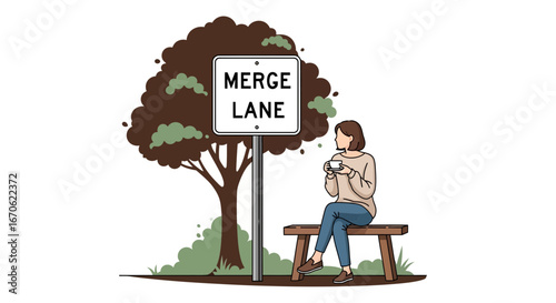 Woman Enjoying Coffee Break Under Tree With Merge Lane Road Sign Illustration