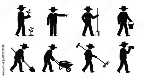Silhouette of a farmer performing various gardening and farming activities
